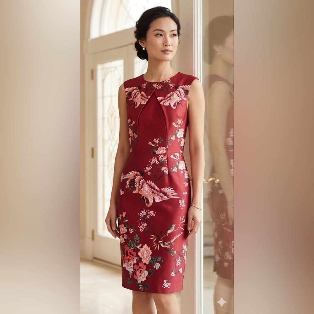 Calvin Klein Red Floral Embroidered Sheath Midi Dress (NWT)
